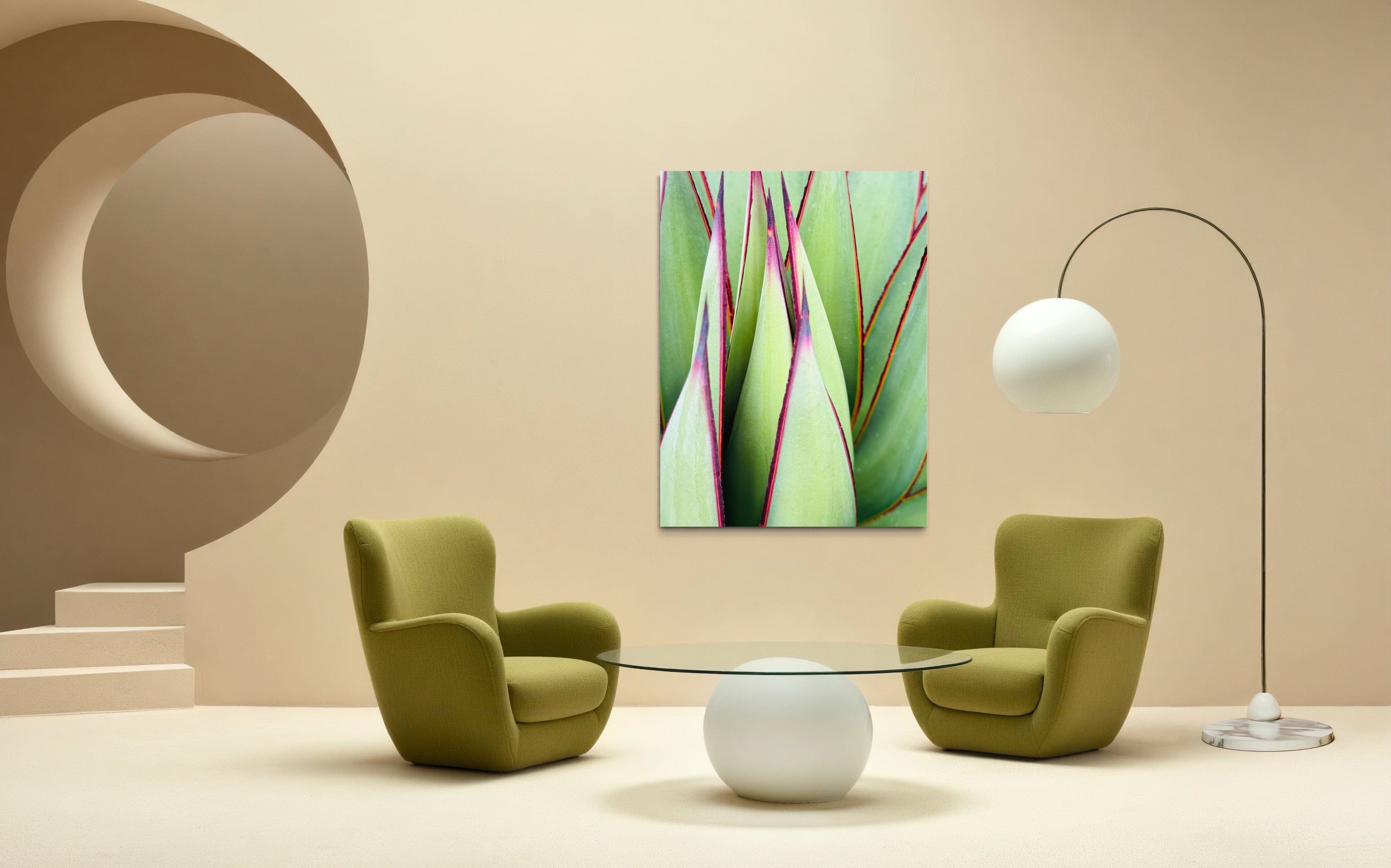 “Verdant Lines” artwork showcased in a contemporary beige lounge with two green armchairs and a sculptural floor lamp.

