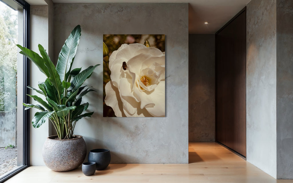 White rose artwork with a small fly hanging on a concrete wall beside a large indoor plant and ceramic vessels.