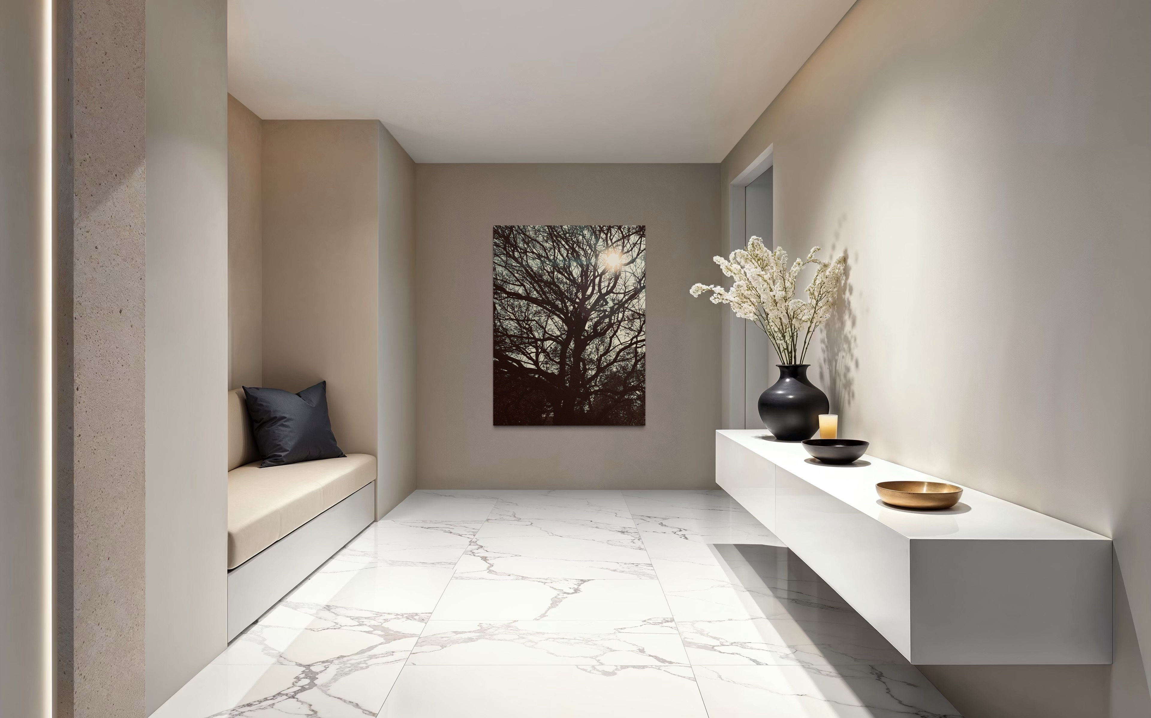 Sol Lumina displayed in a minimalist hallway with marble flooring, centered on a warm-toned wall.