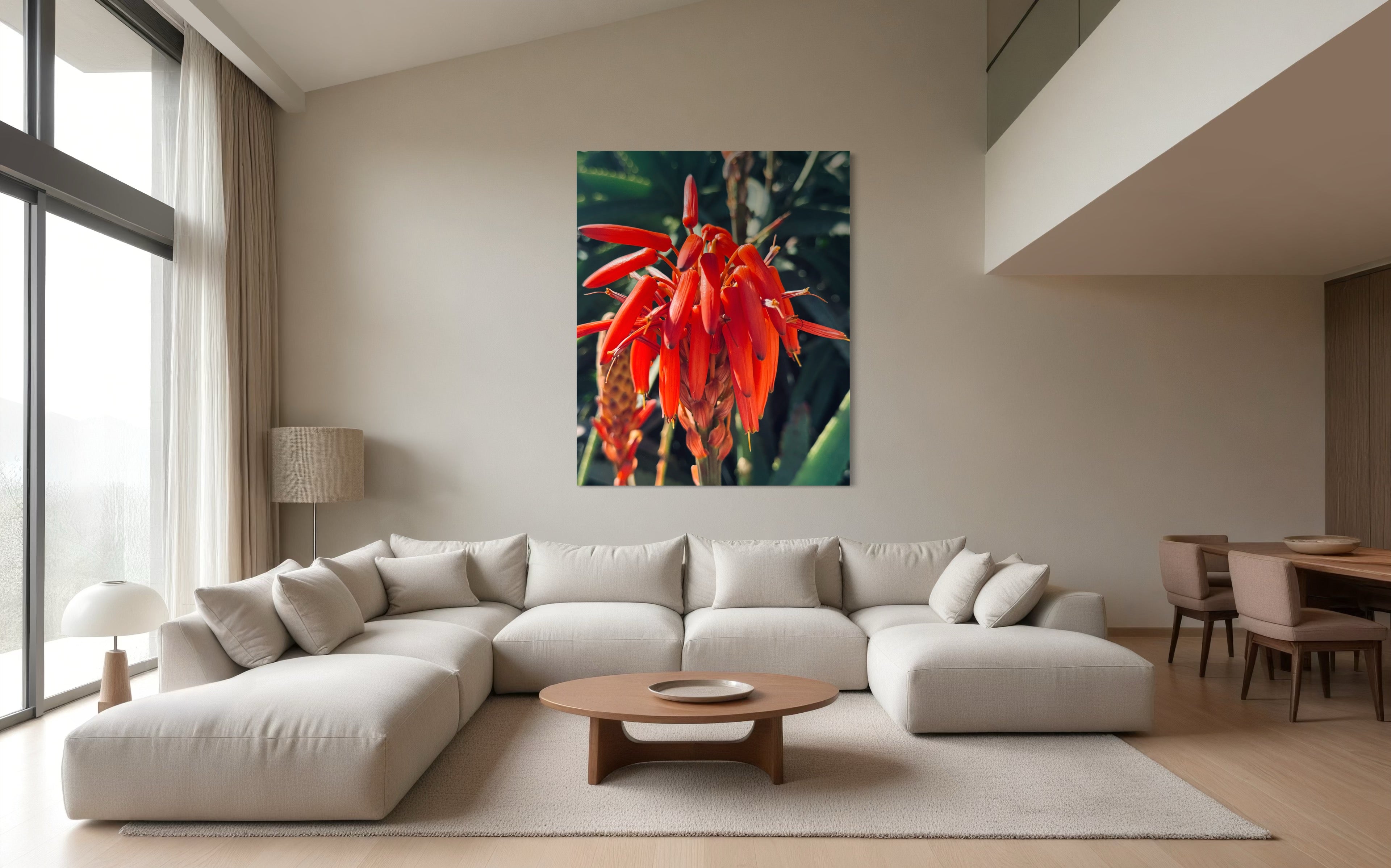 Solar Veins adding a vivid botanical centerpiece to an airy, modern living room.