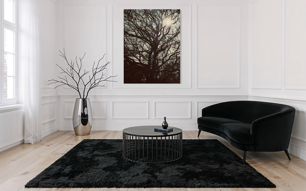 Sol Lumina featured in a refined white interior with black décor accents and natural light.