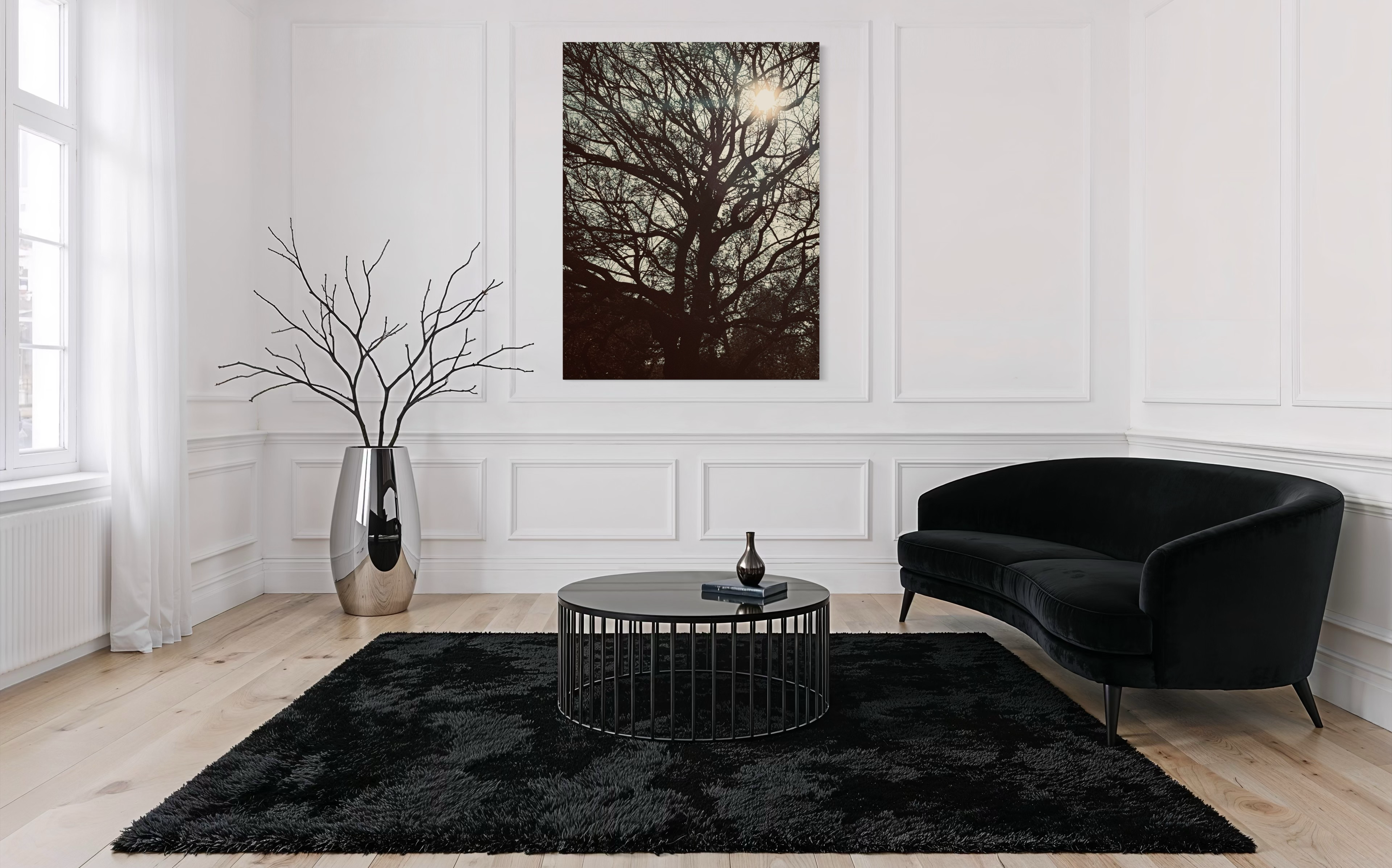 Sol Lumina featured in a refined white interior with black décor accents and natural light.