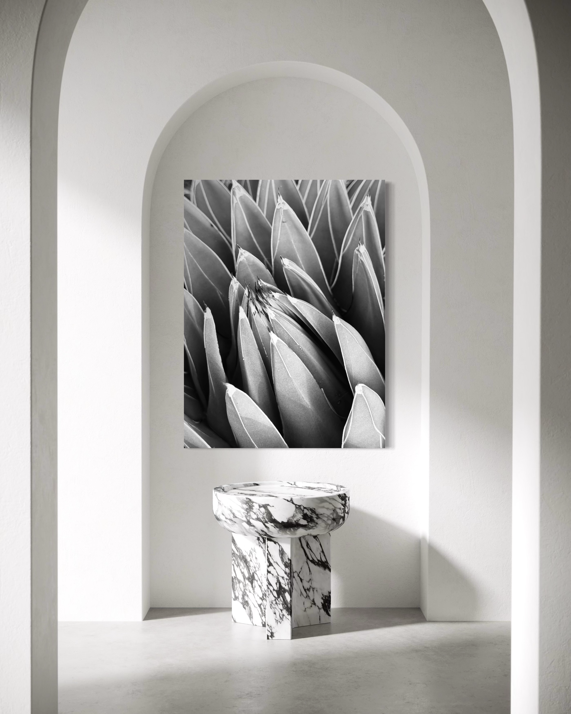 Large monochrome desert form displayed within a soft stone arch, creating a sculptural, serene focal point.
