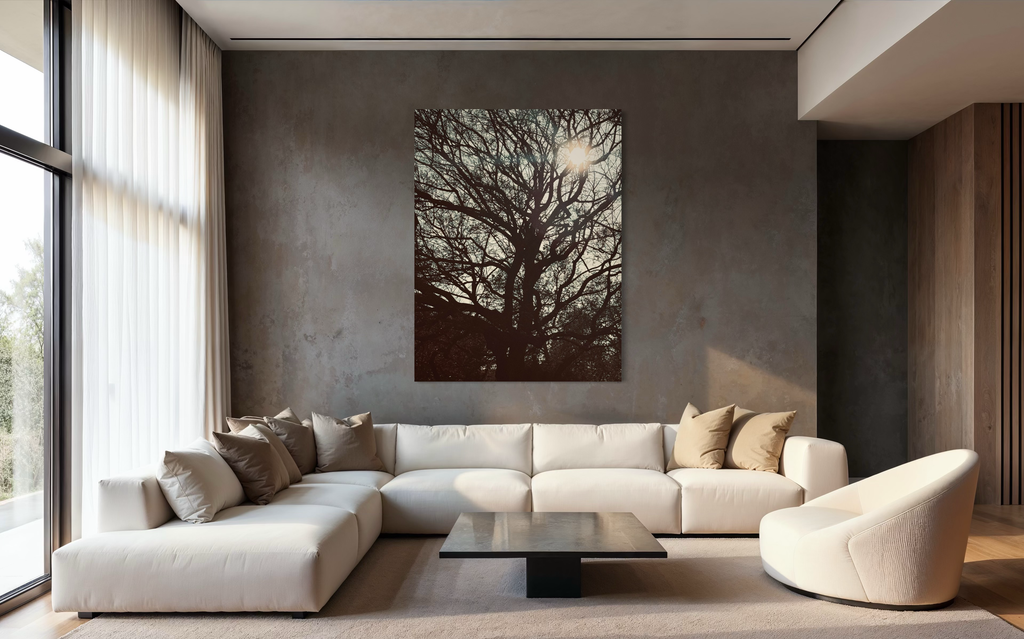 Sol Lumina positioned above a neutral sectional sofa in a modern living room with earthy textures.