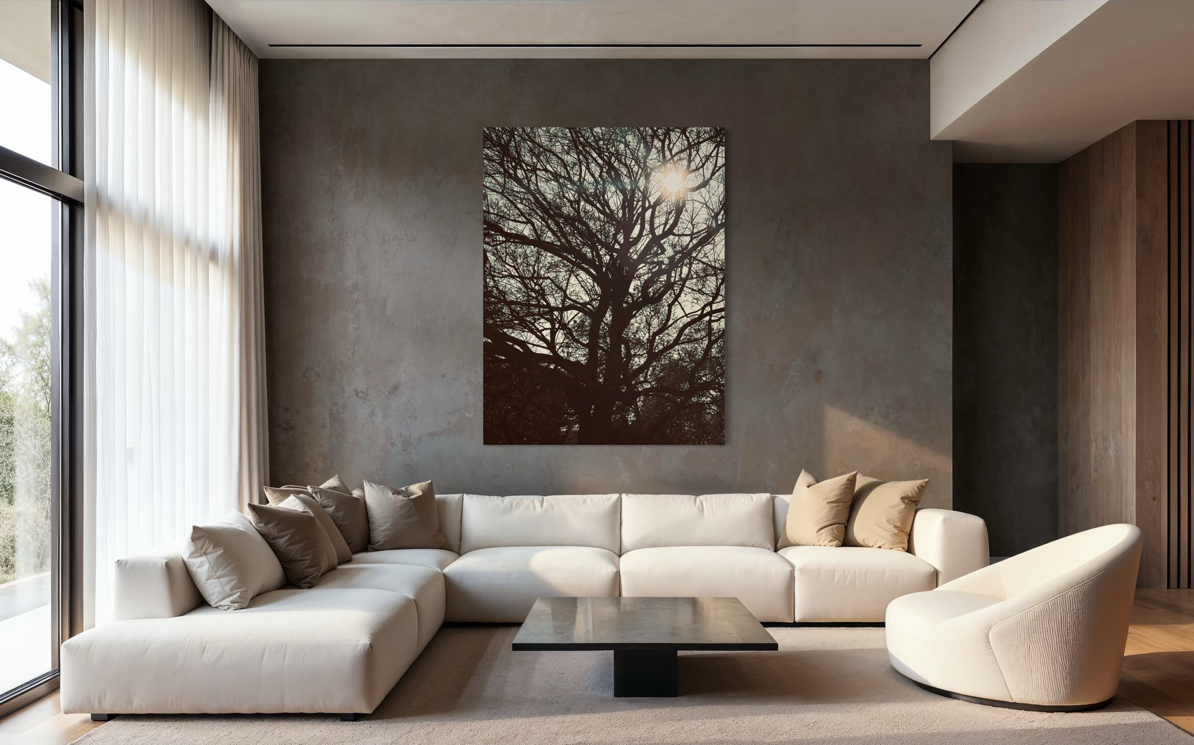 Sol Lumina positioned above a neutral sectional sofa in a modern living room with earthy textures.