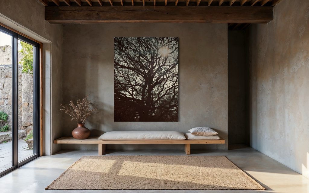 Sol Lumina placed on a warm rustic wall with exposed wood beams and natural light.