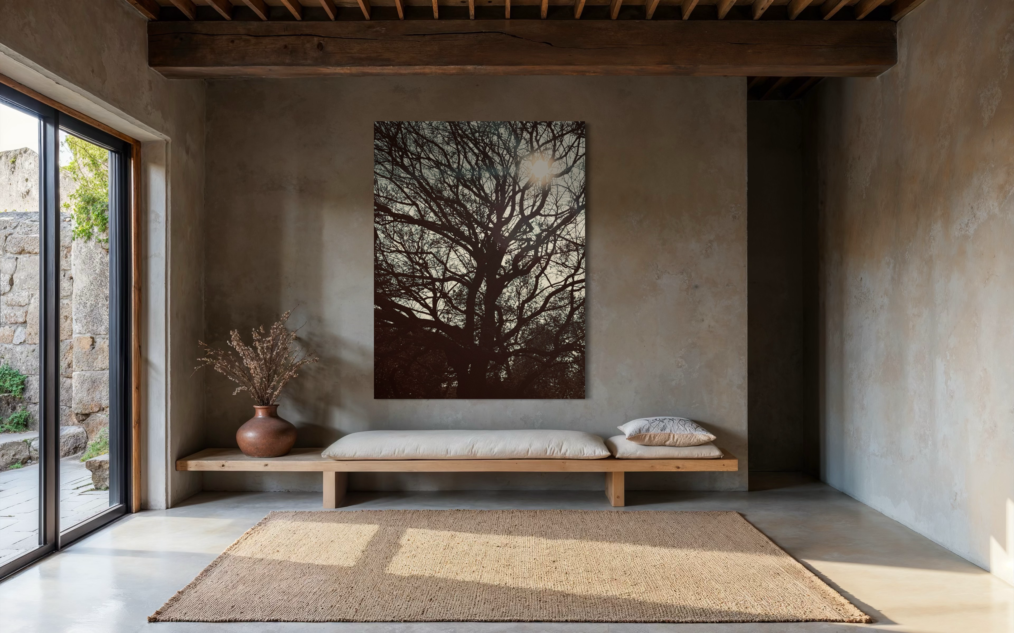Sol Lumina placed on a warm rustic wall with exposed wood beams and natural light.