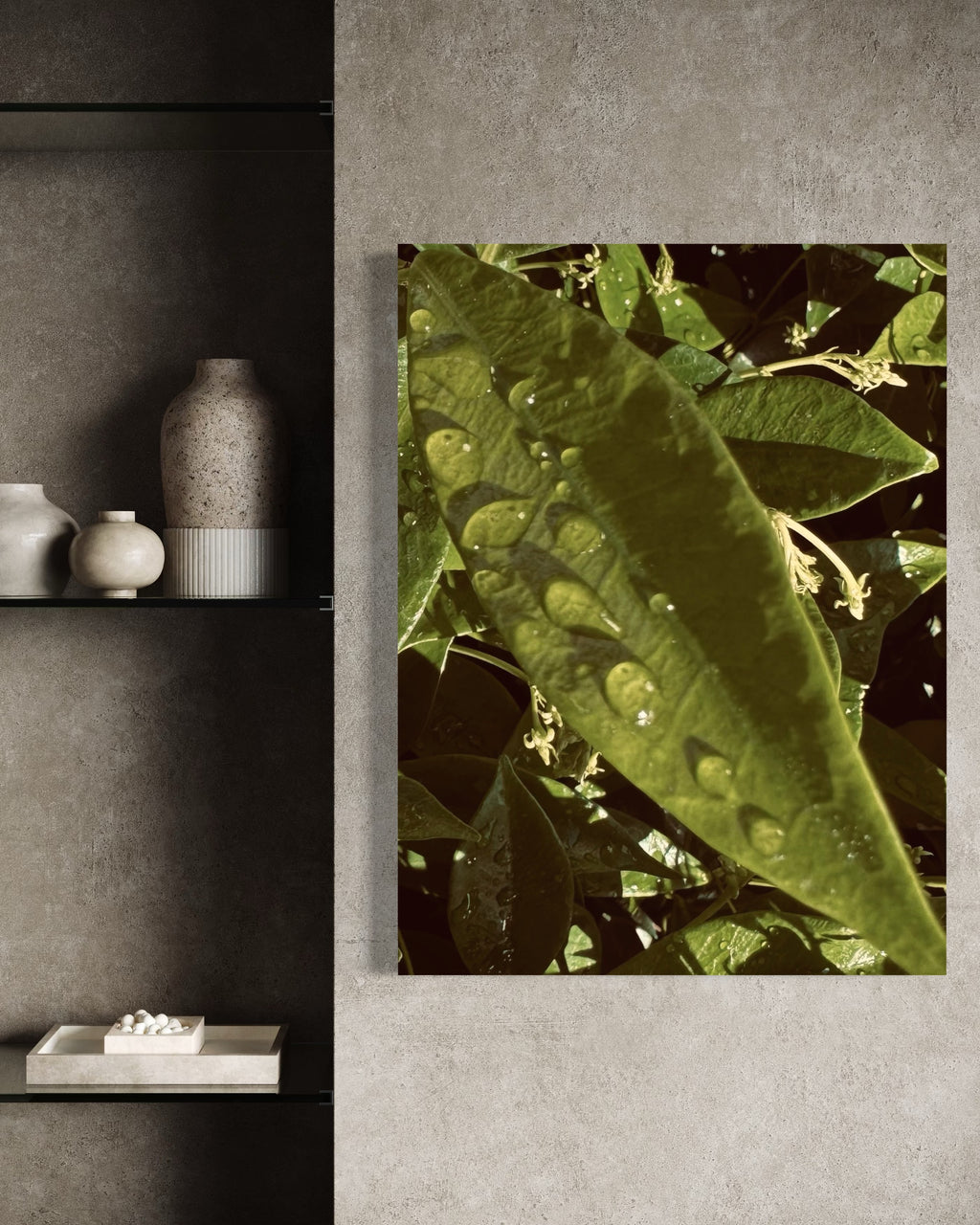 Lumen placed within a serene stone alcove interior, balancing soft grey textures with natural green tones.