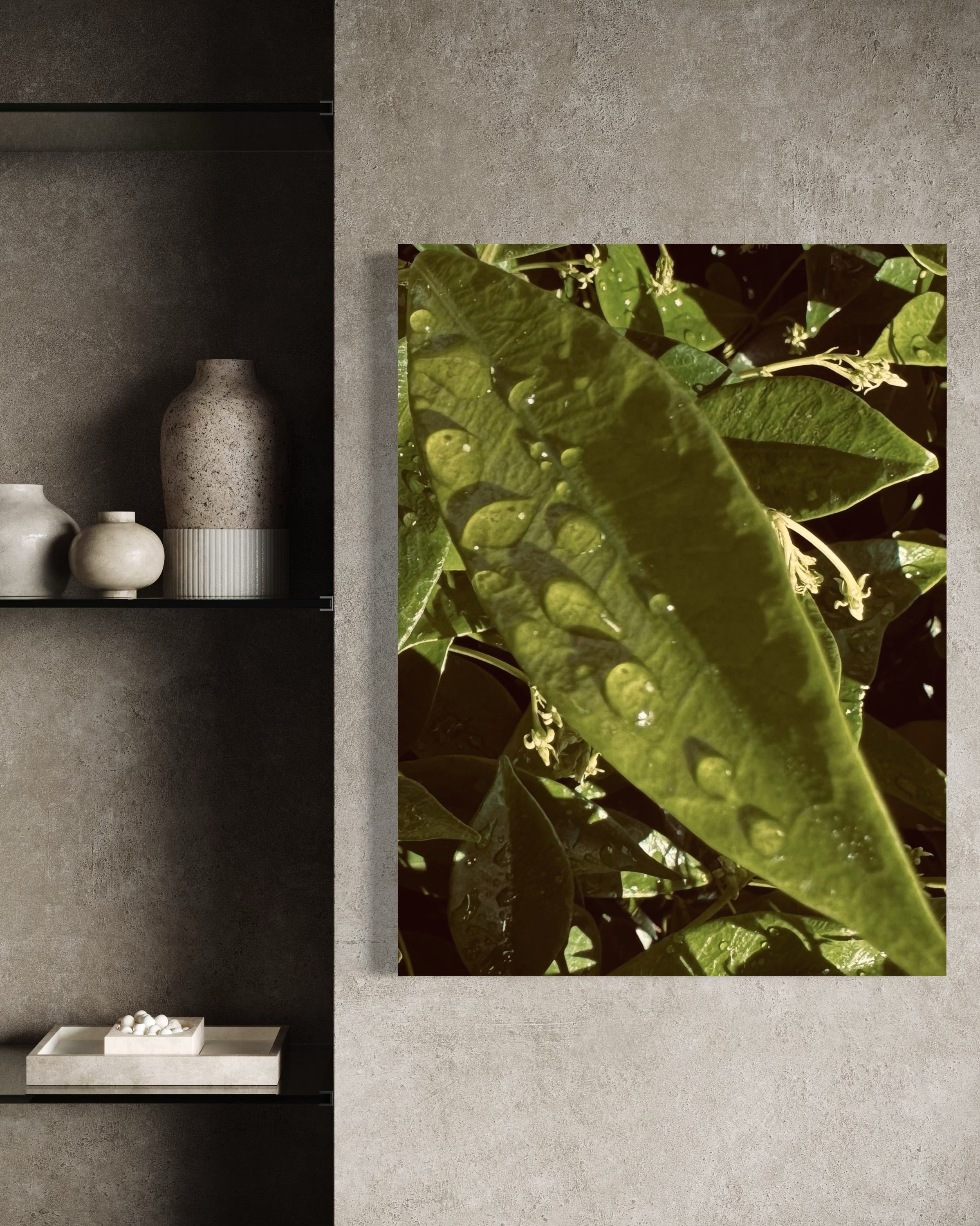 Lumen placed within a serene stone alcove interior, balancing soft grey textures with natural green tones.