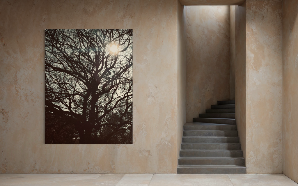 Sol Lumina showcased on a textured stone wall beside a minimalist staircase.