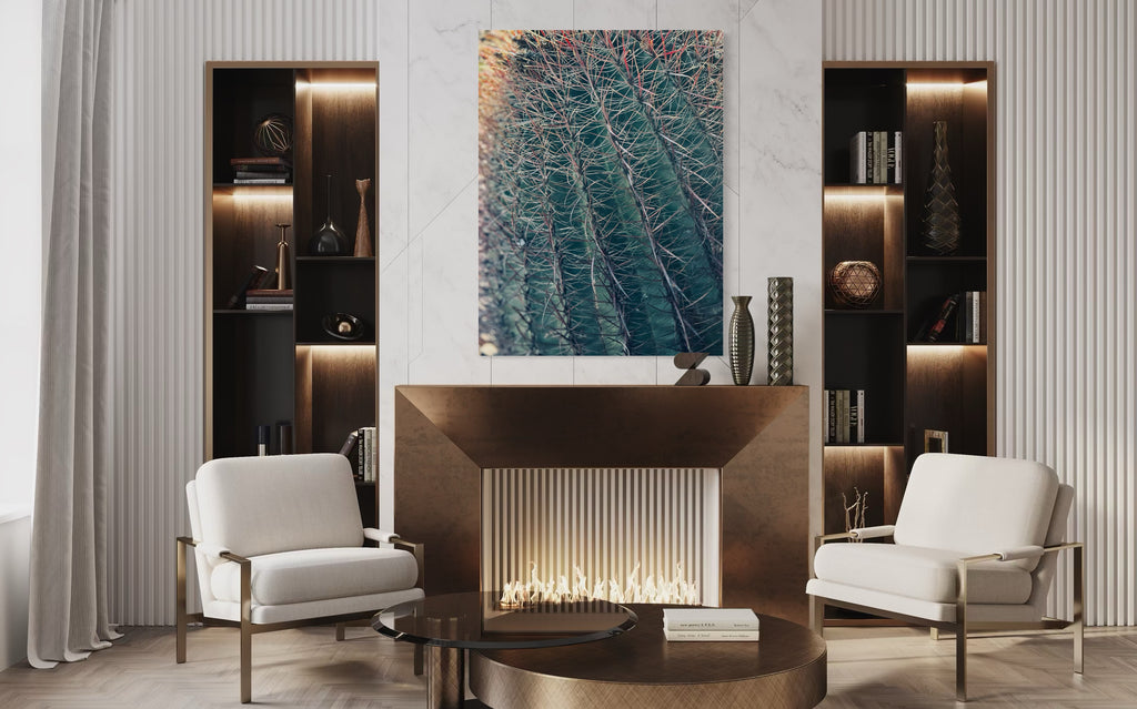 Thorns of Silence displayed above a contemporary fireplace in a luxurious modern living room