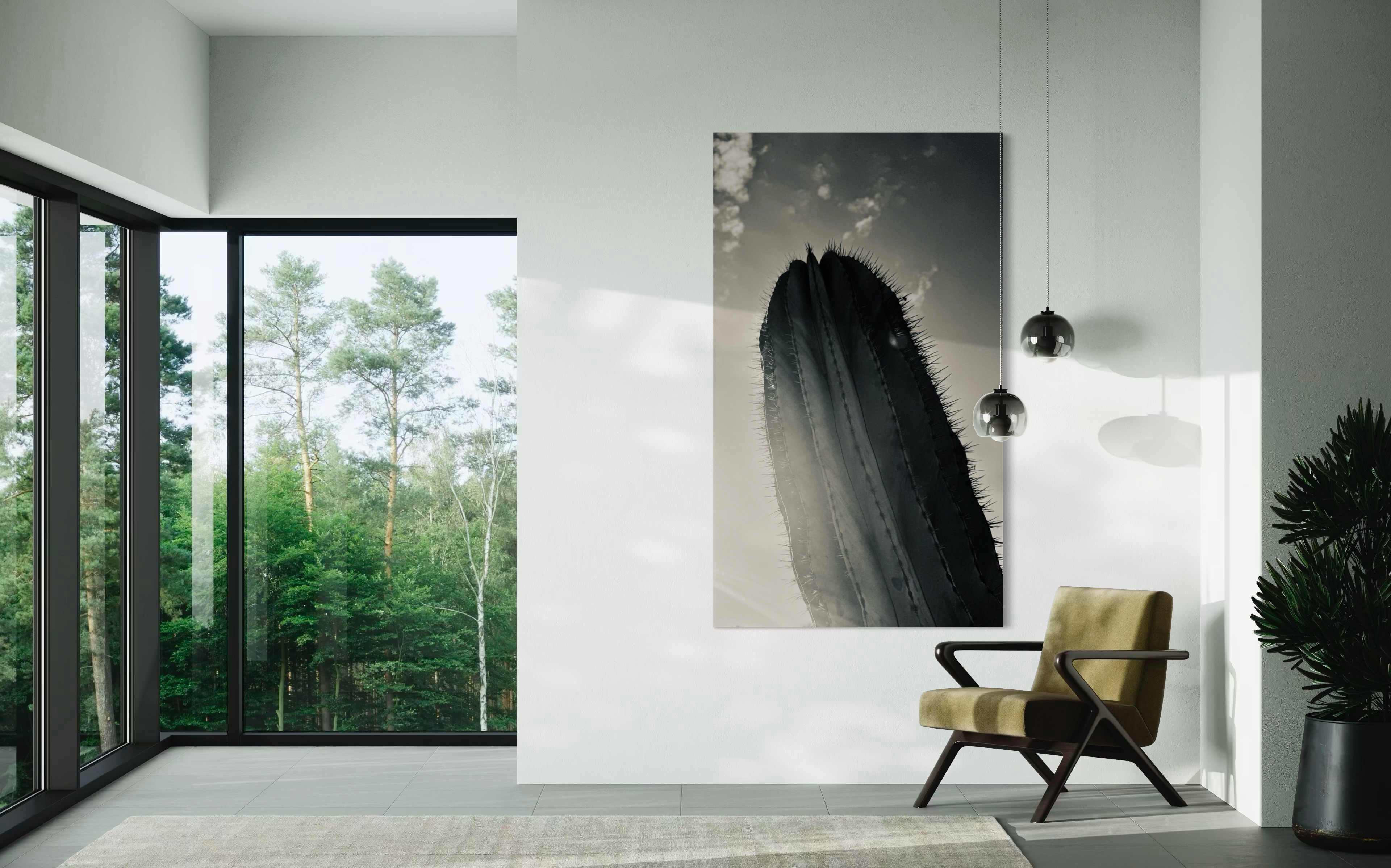 Desert Ascend — sleek desert silhouette positioned in a minimalist room with floor-to-ceiling windows.