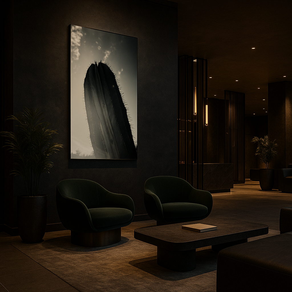 Desert Ascend — monumental desert silhouette showcased in a dark, refined lounge.