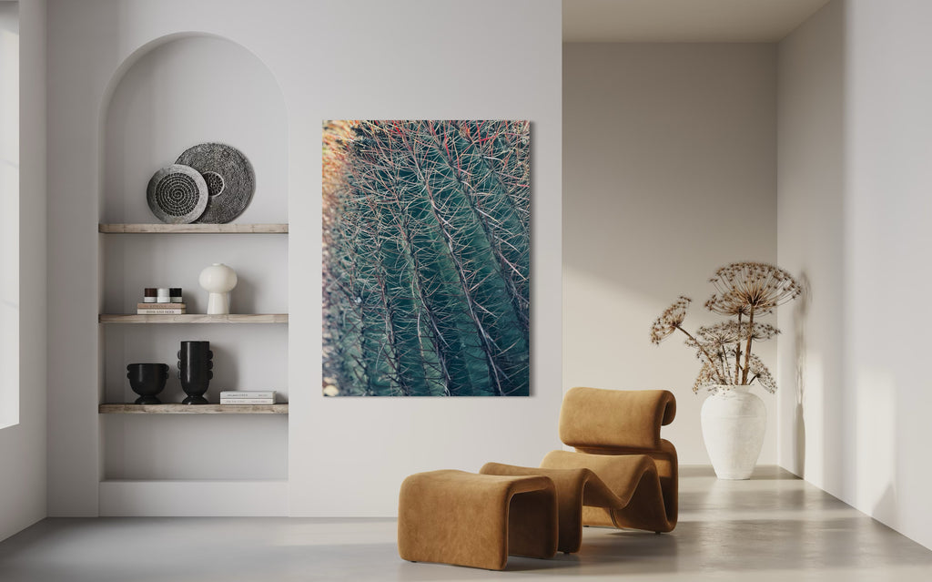 Thorns of Silence fine art print showcased in a minimalist room with an archway and sculptural chair