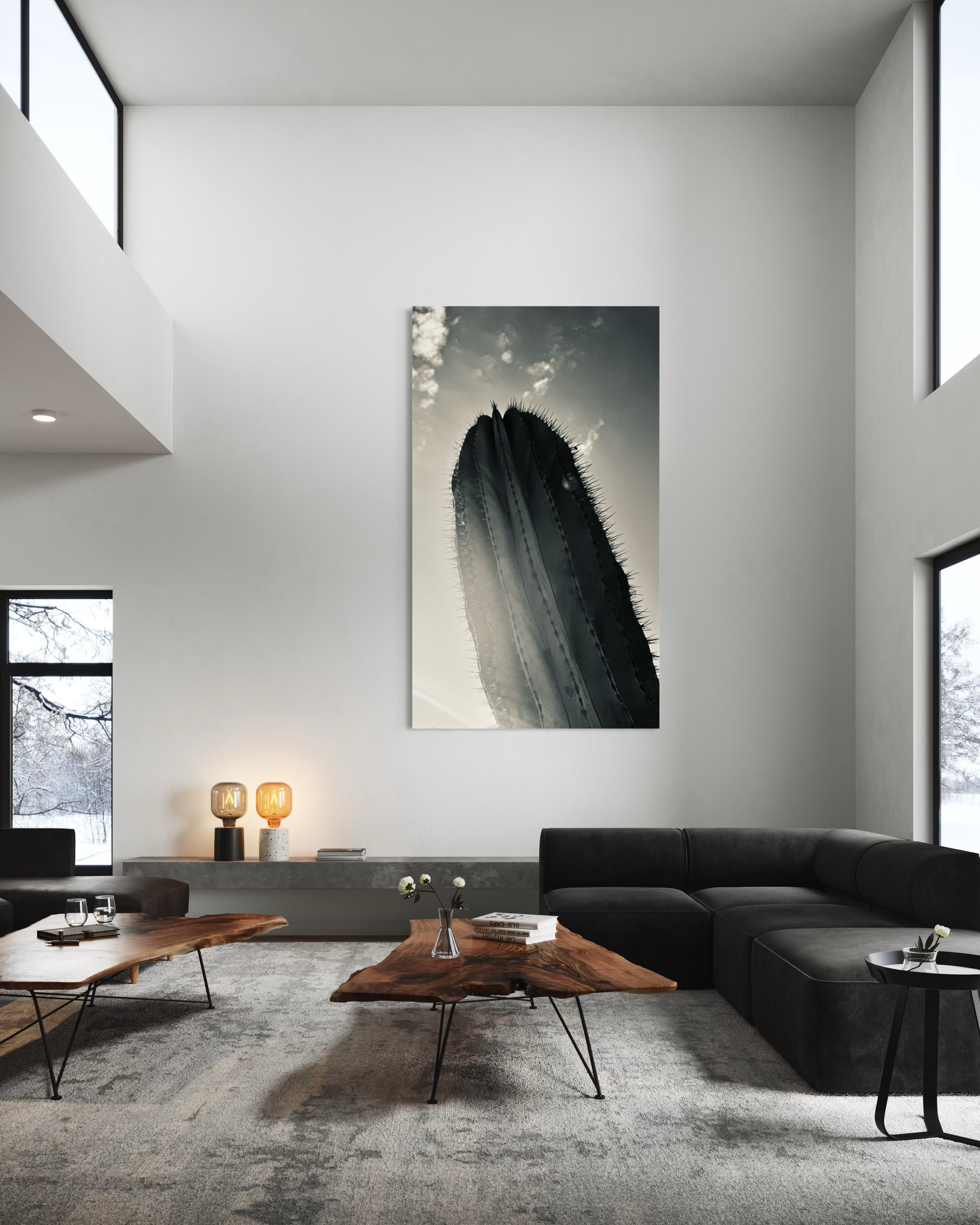 Desert Ascend — vertical desert form anchoring a bright, modern living space.