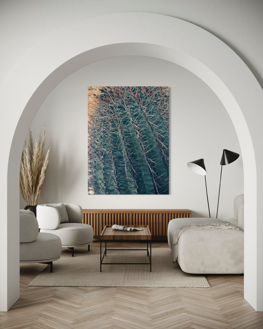 Thorns of Silence artwork featured in a soft neutral living room with arched architecture and modern seating