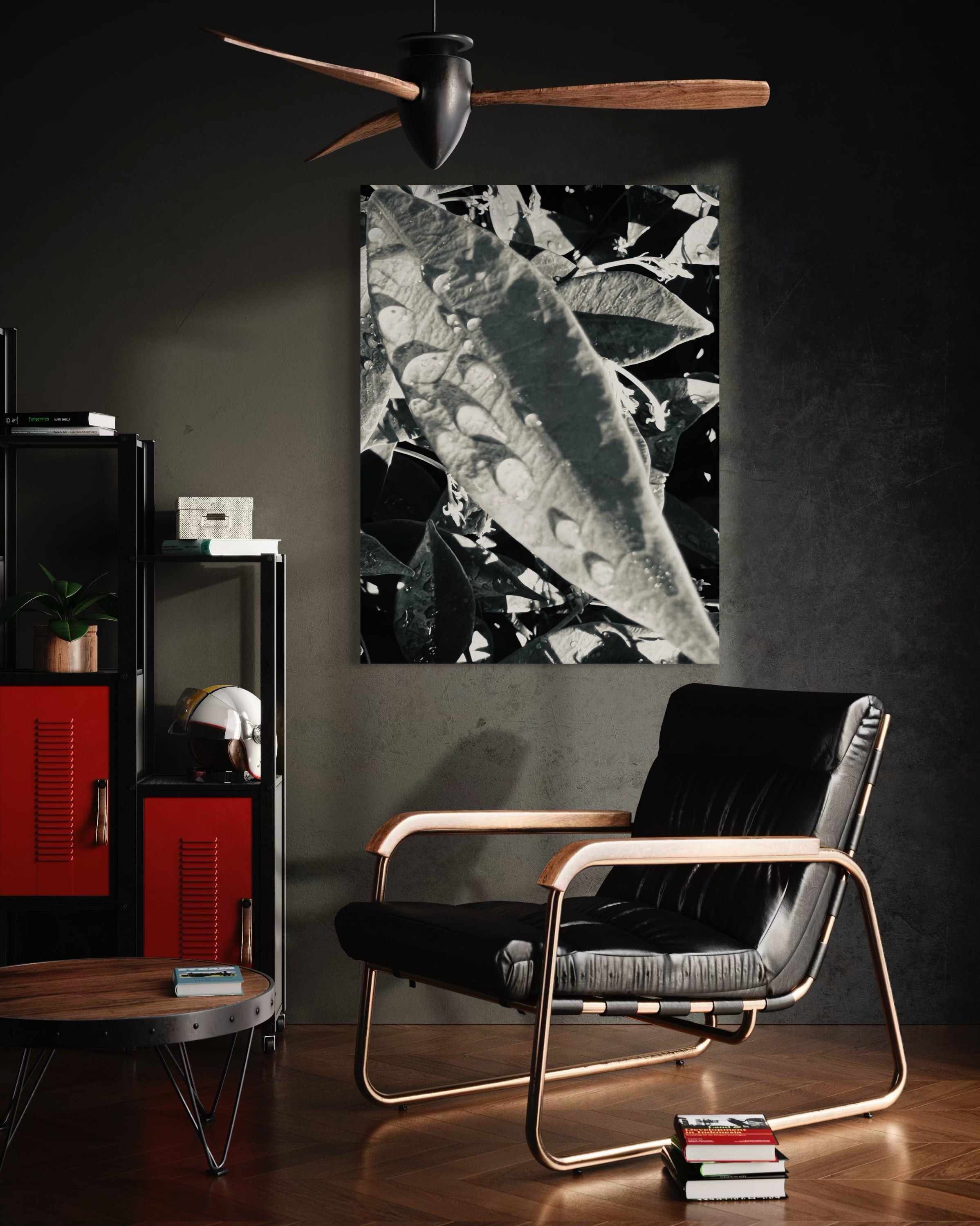 Umbra showcased in a moody modern lounge, the textured leaf form contrasting against a dark feature wall.
