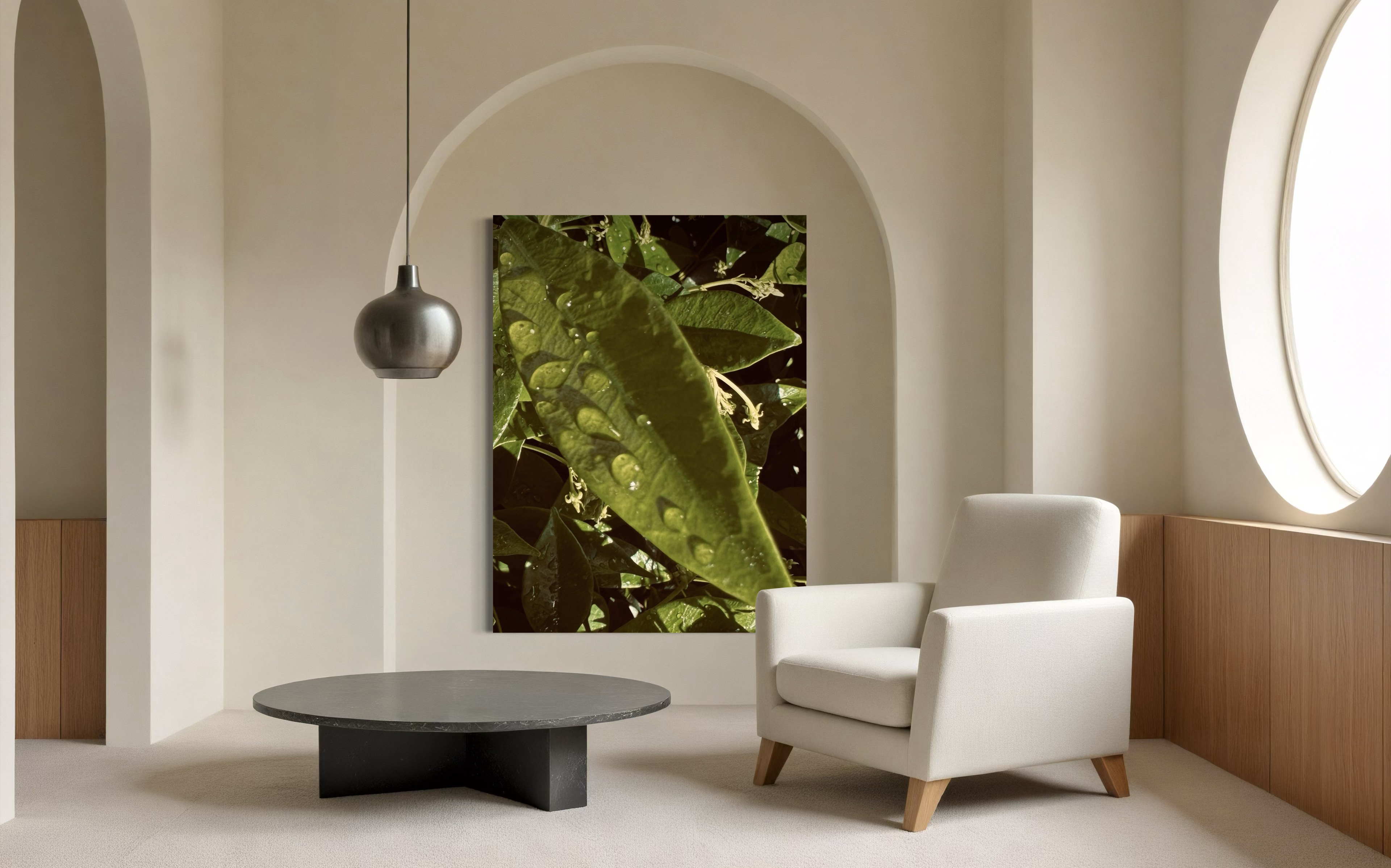 Lumen showcased in an arched architectural space with soft neutral furnishings and warm daylight.