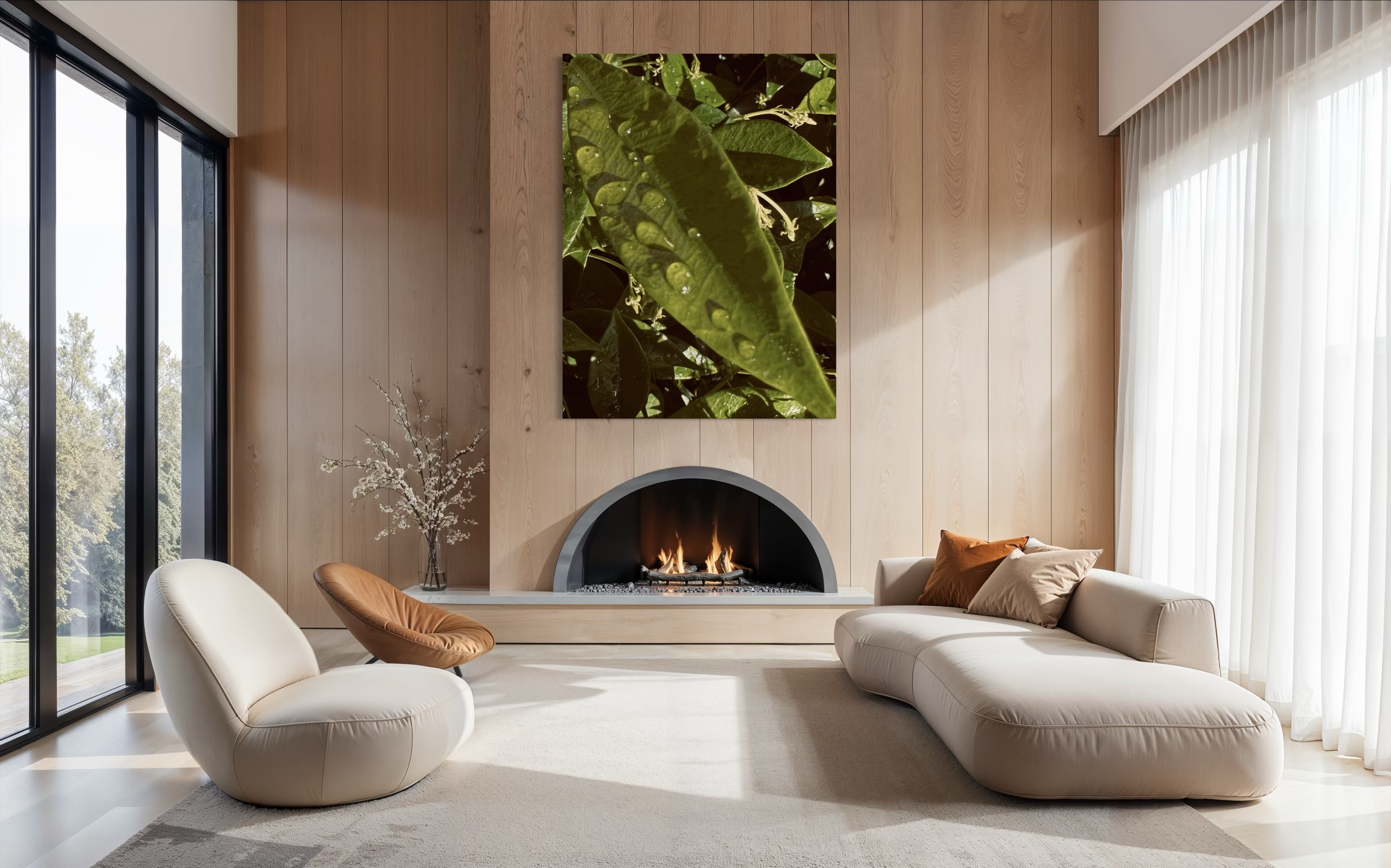 Lumen featured above a modern fireplace set in warm wood paneling, adding vibrant contrast to the space.