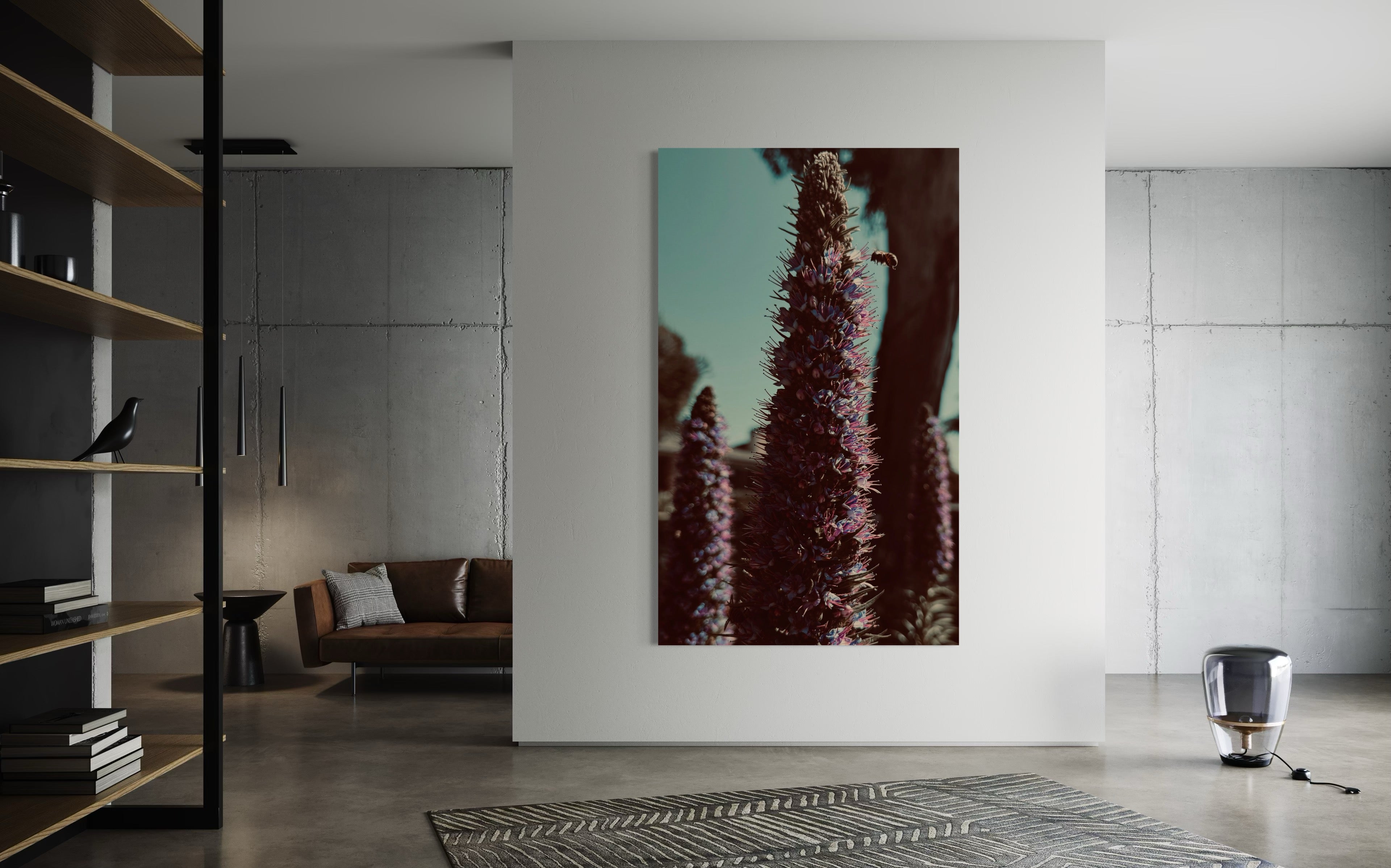 Whispers of Lavender showcased on a textured concrete wall beside open shelving and soft ambient lighting.