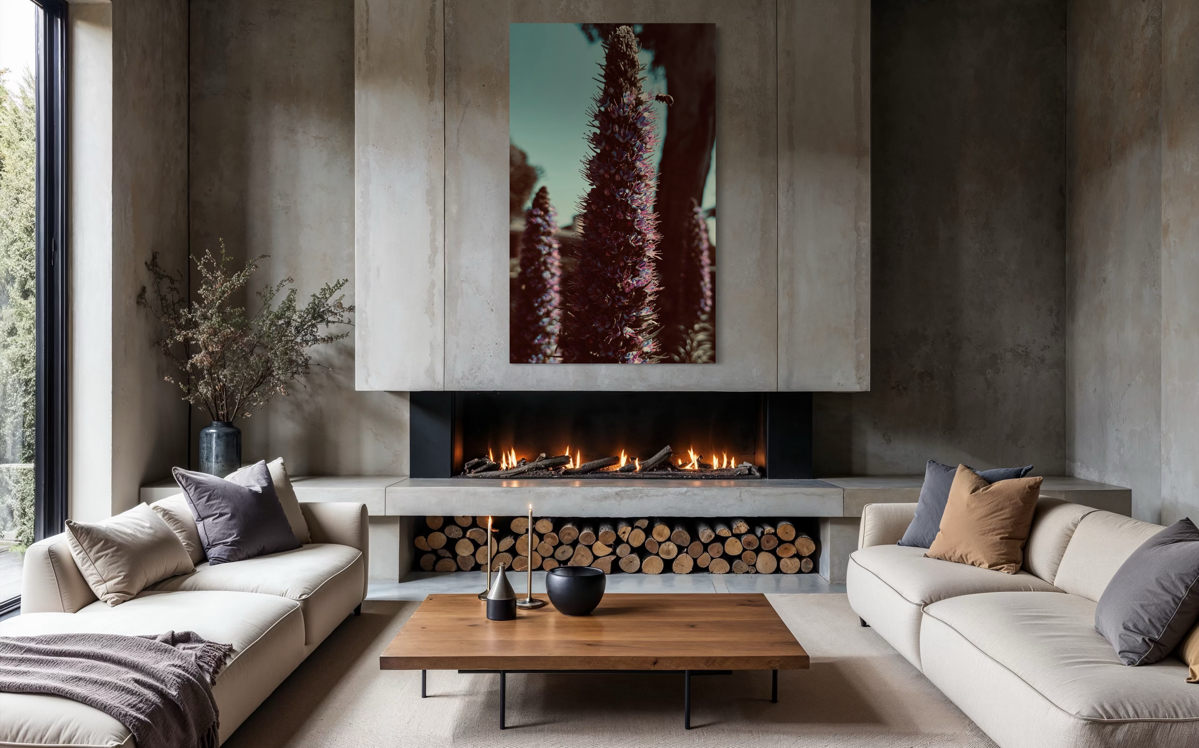 Whispers of Lavender centered above a contemporary fireplace in a cozy neutral-toned living room.