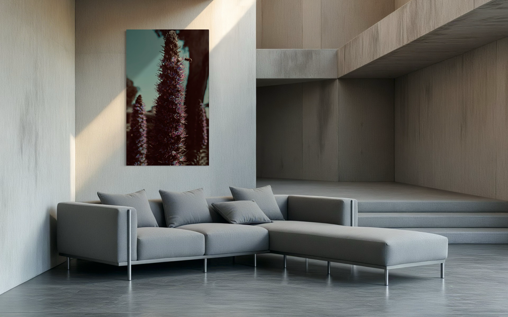 Whispers of Lavender displayed in a minimalist grey living room above a modern sectional sofa.