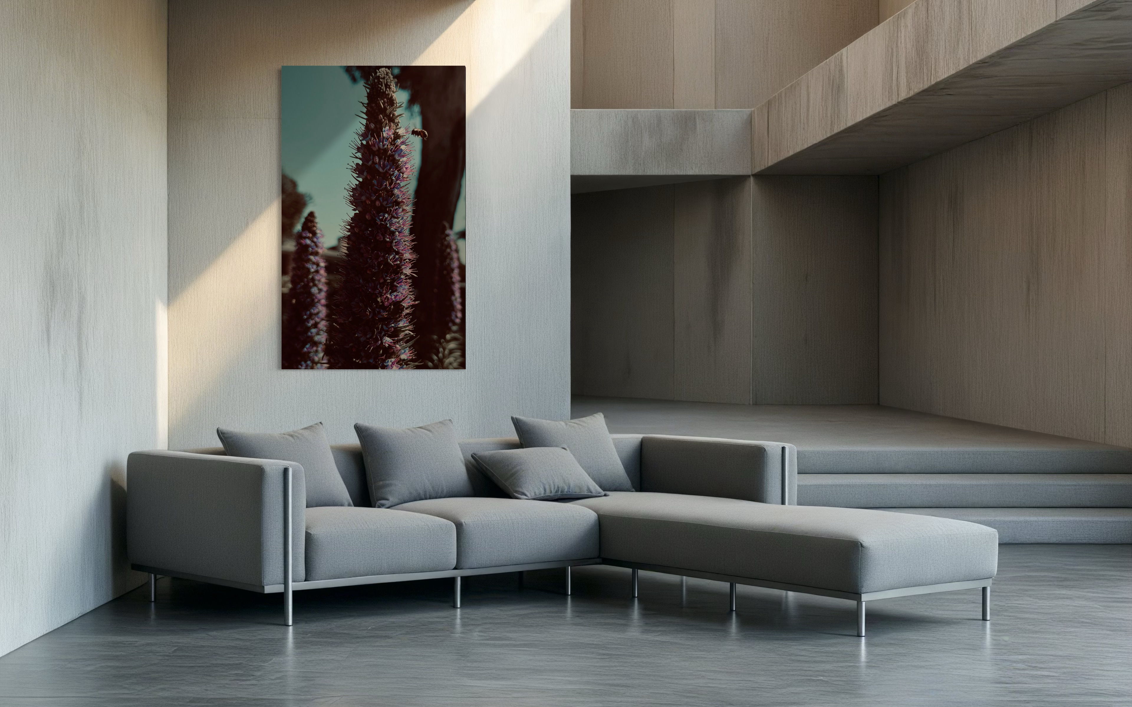 Whispers of Lavender displayed in a minimalist grey living room above a modern sectional sofa.