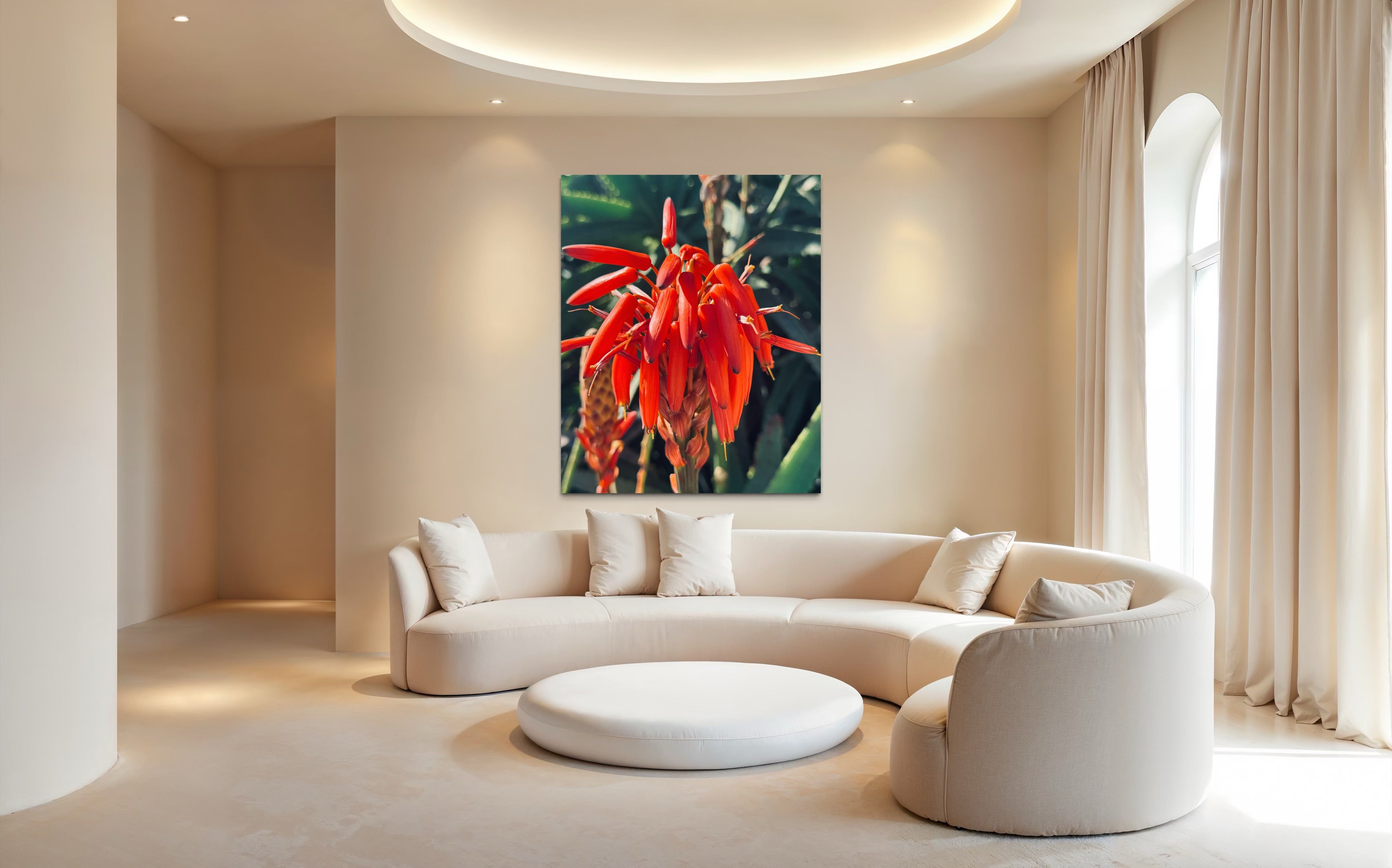 Solar Veins enhancing a sculptural, cream-toned interior with a powerful burst of red.