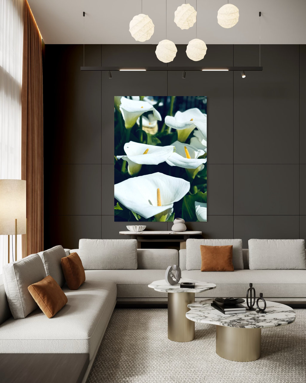 Silent Grace” displayed in a refined modern living room, white calla lilies glowing against a dark minimalist wall.
