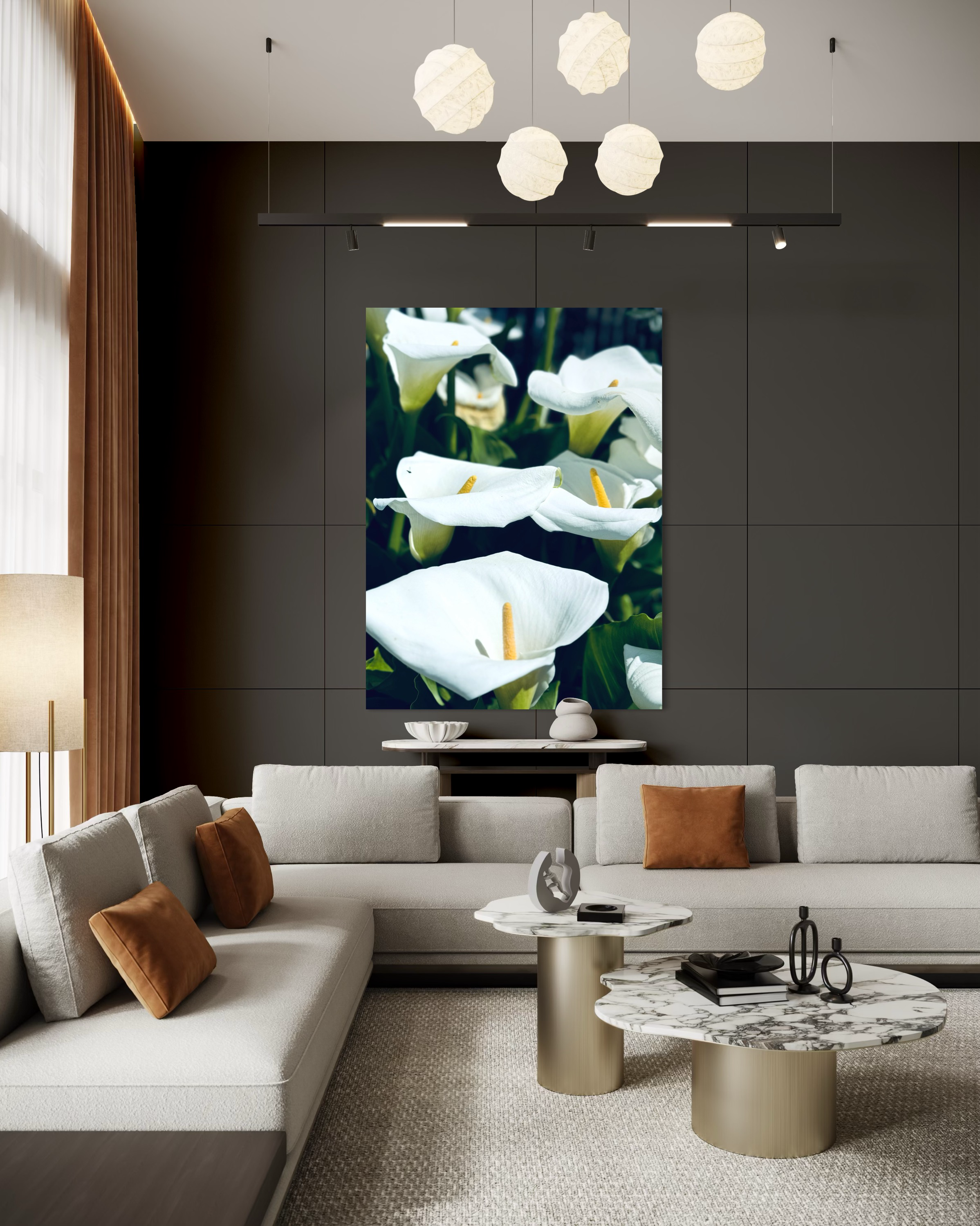 Silent Grace” displayed in a refined modern living room, white calla lilies glowing against a dark minimalist wall.
