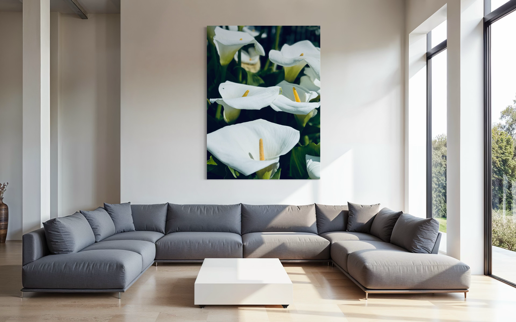 “Silent Grace” showcased above a wide grey sectional in a sunlit contemporary space.
