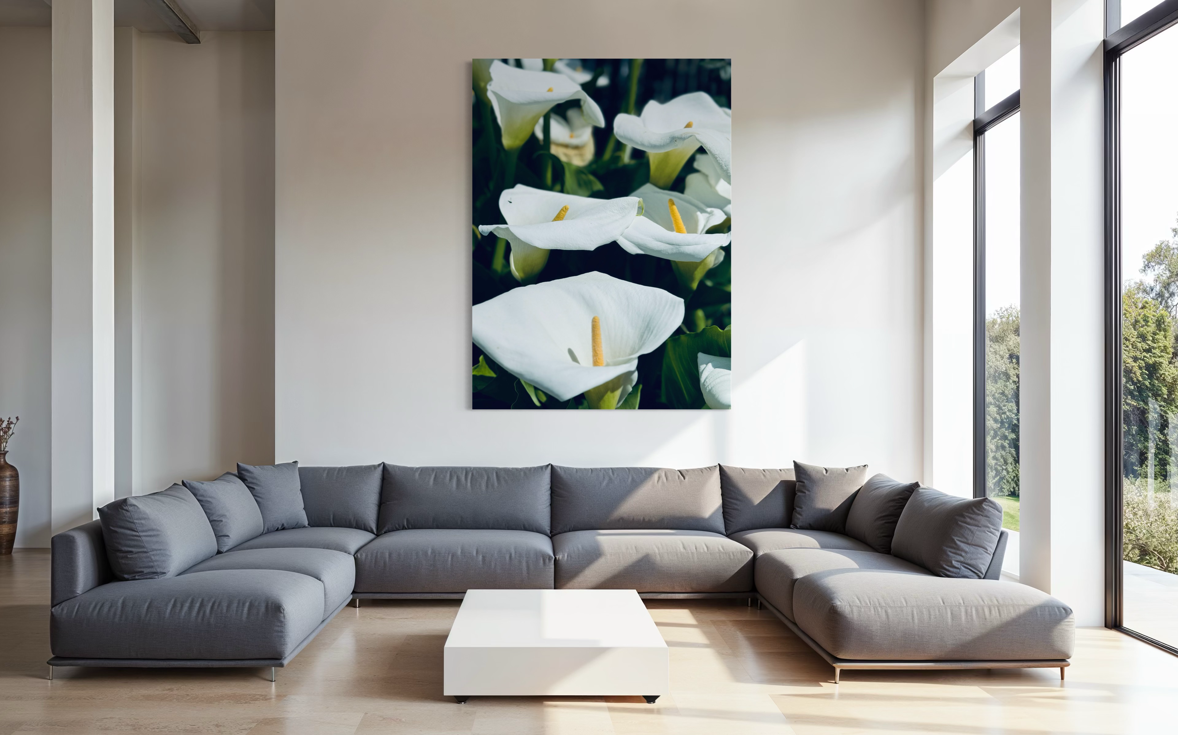 “Silent Grace” showcased above a wide grey sectional in a sunlit contemporary space.