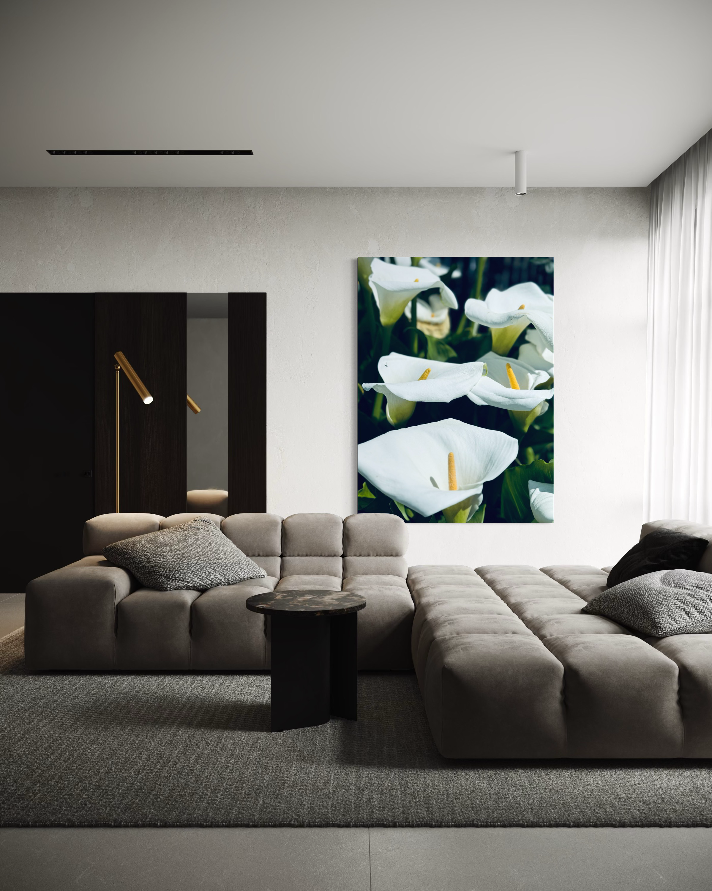 “Silent Grace” placed over a deep grey sofa, its white lilies creating a gentle contrast in a modern interior.
