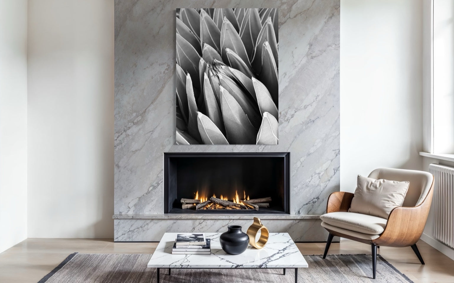 Crown of Quiet above a marble fireplace, its monochrome geometry adding refined contrast to warm stone textures.