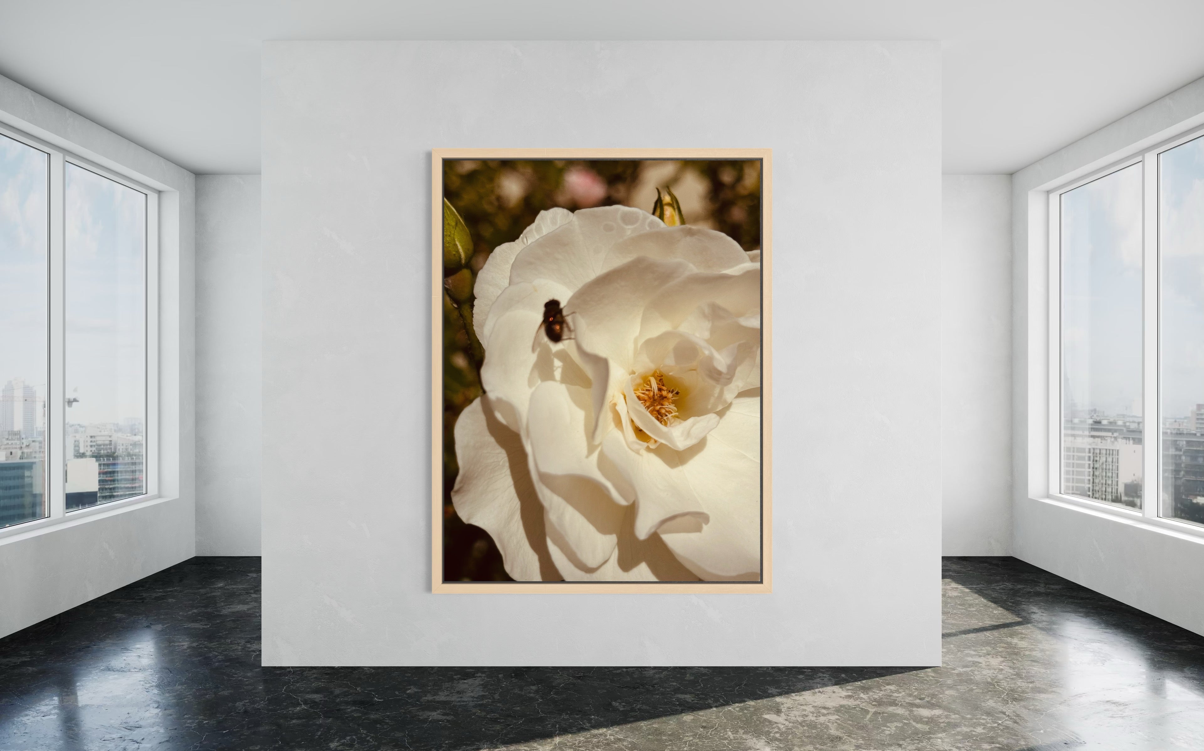 The Arrival artwork in a natural wood floating frame, adding warm contrast to the white rose and fly.
