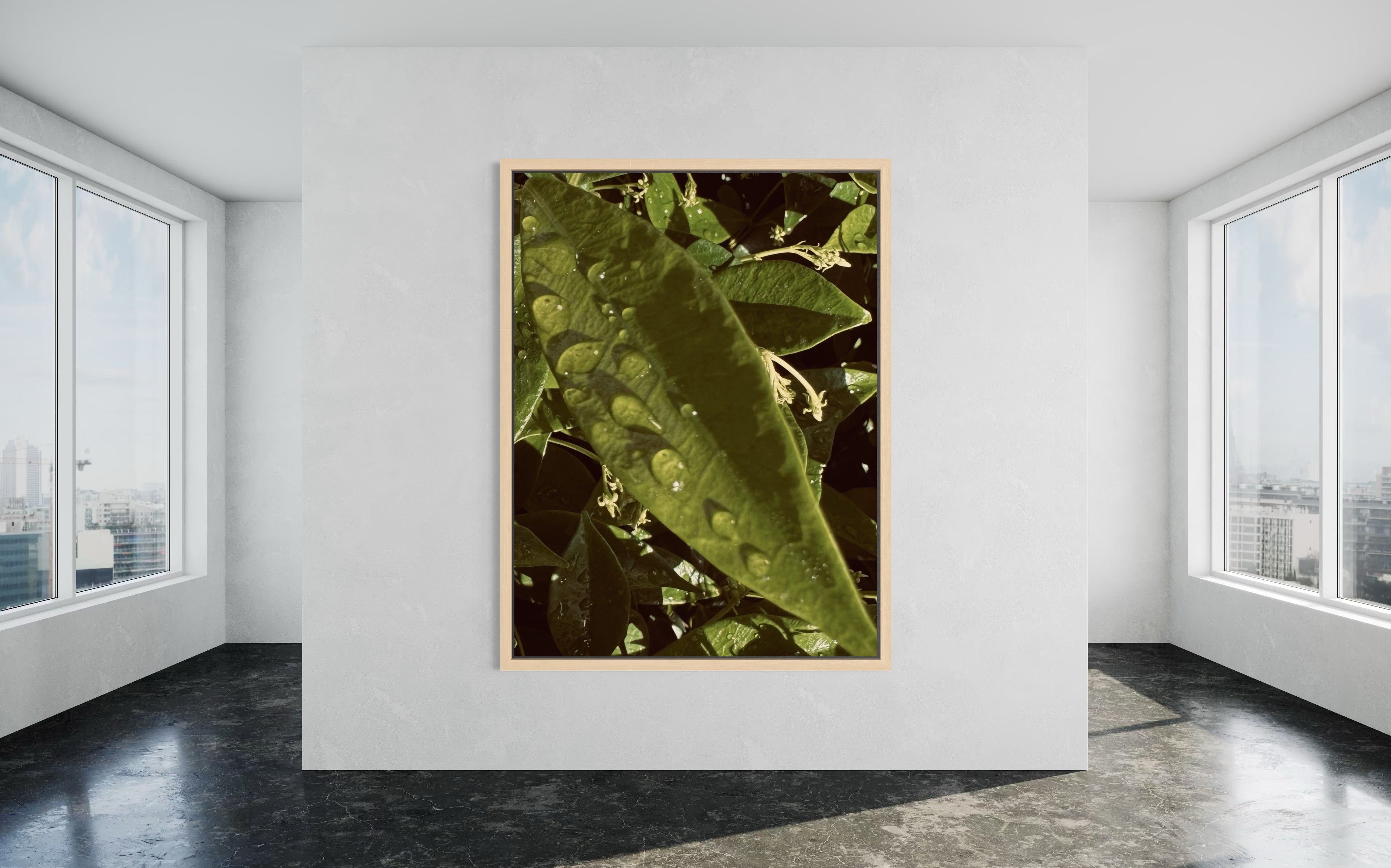 Lumen set in a natural wood floating frame, creating a warm, organic complement to the piece’s earthy palette.