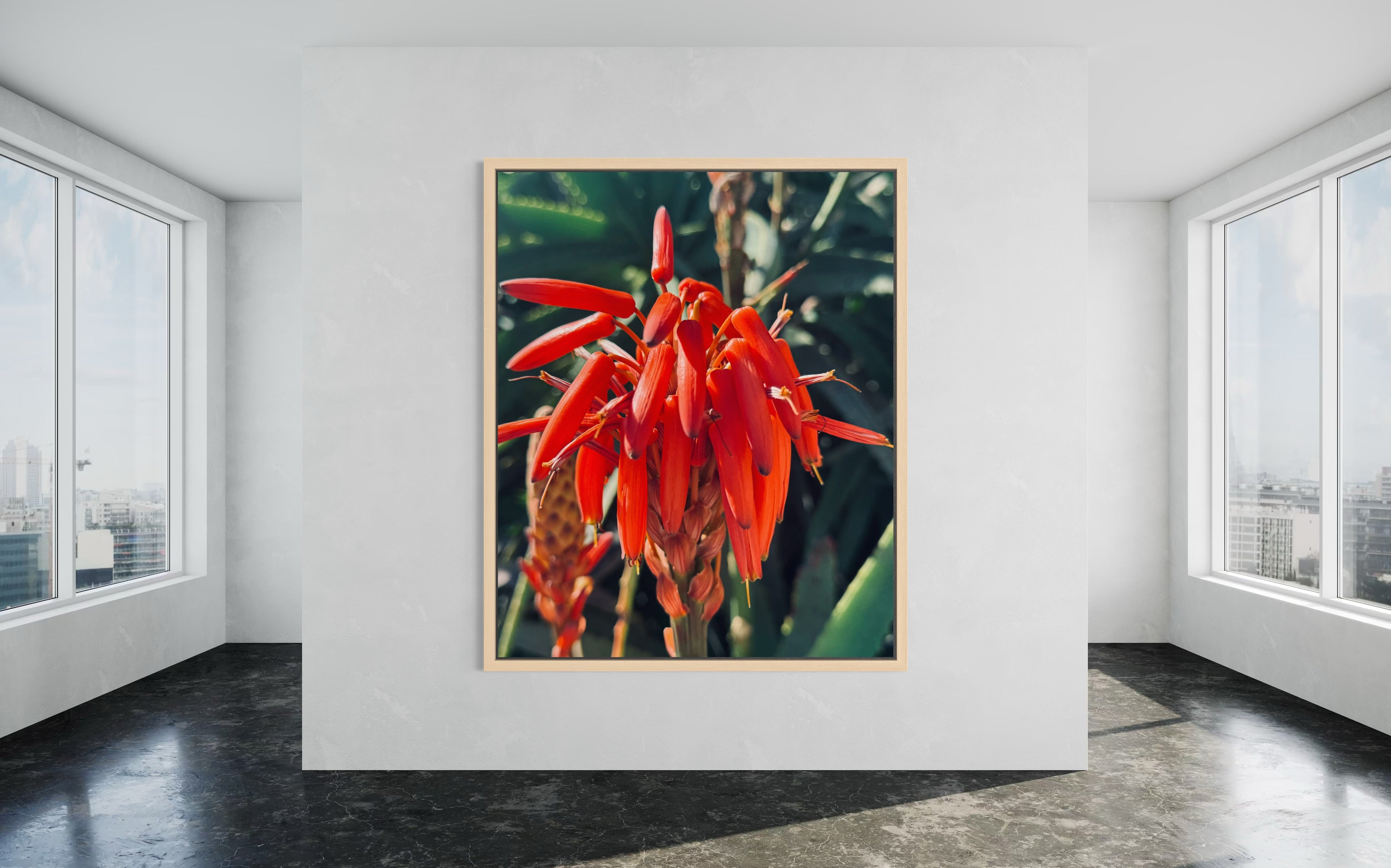 Solar Veins in a natural wood floating frame, adding organic warmth to the botanical composition.