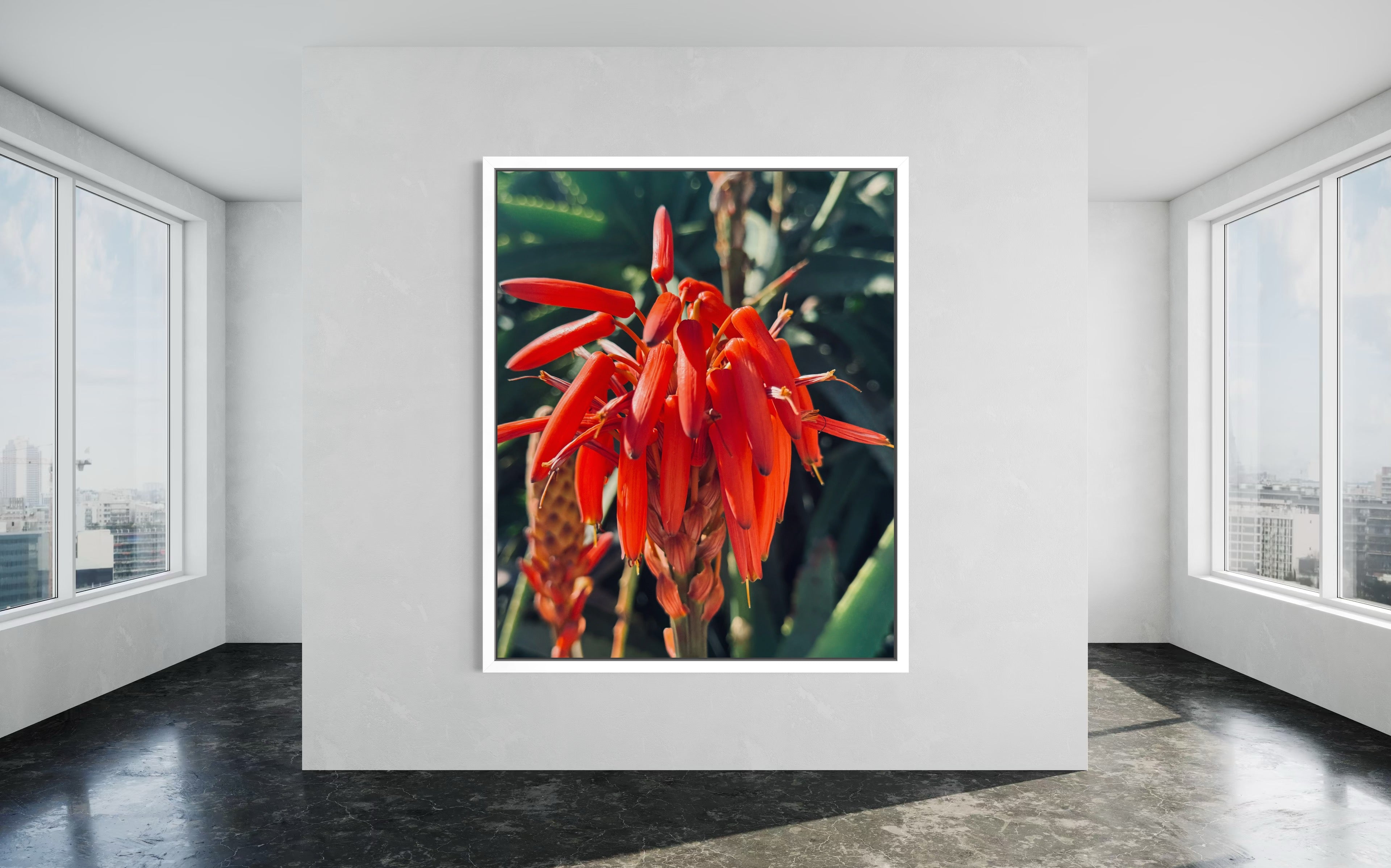 Solar Veins in a crisp white floating frame, highlighting the artwork’s vibrant red tones.