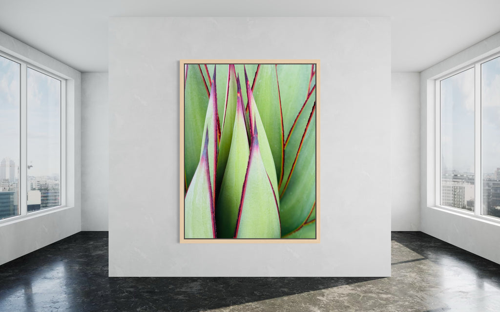 Verdant Lines fine art print in a natural wood floating frame, adding organic warmth to a contemporary space.”