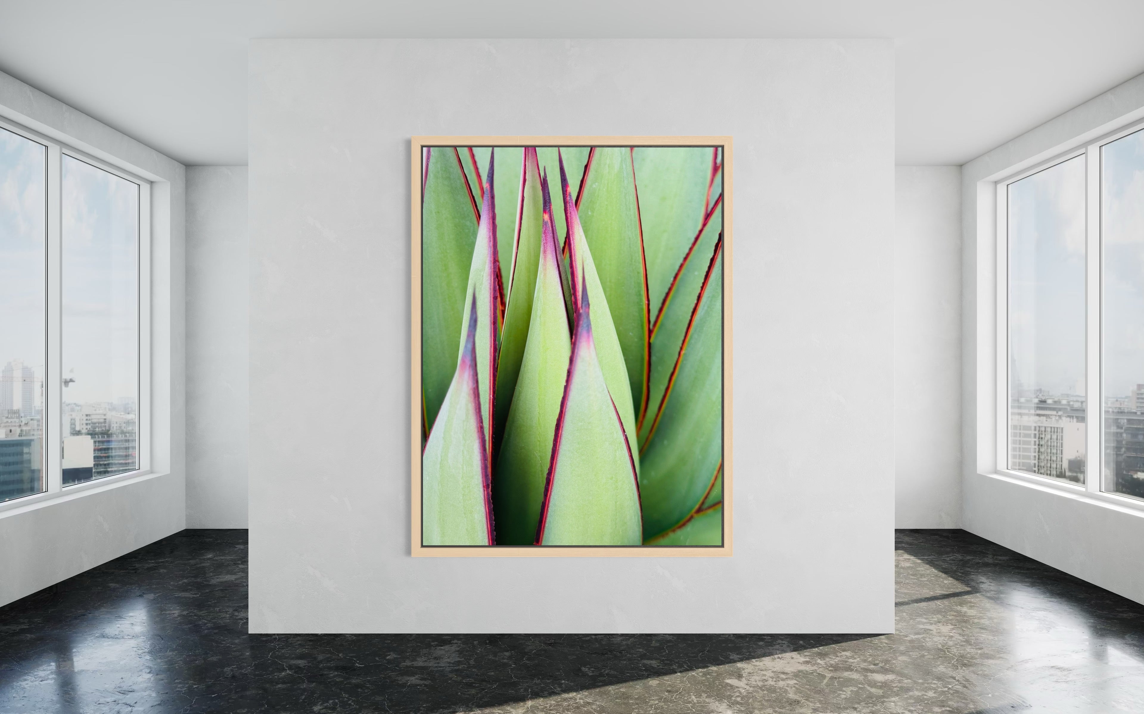 Verdant Lines fine art print in a natural wood floating frame, adding organic warmth to a contemporary space.”