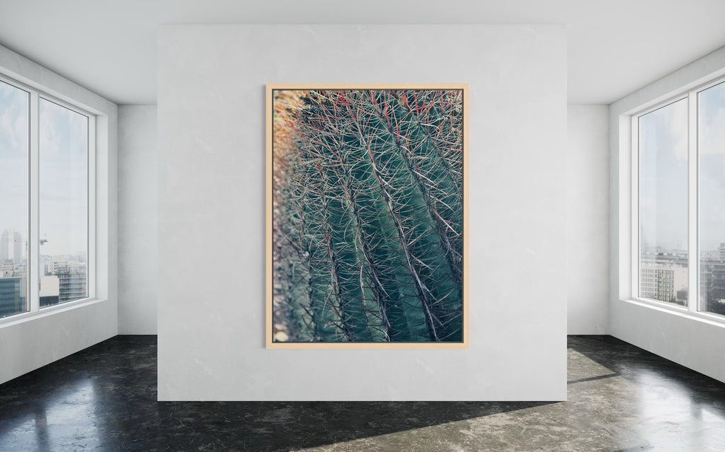 Thorns of Silence fine art print in a minimalist natural wood floating frame.