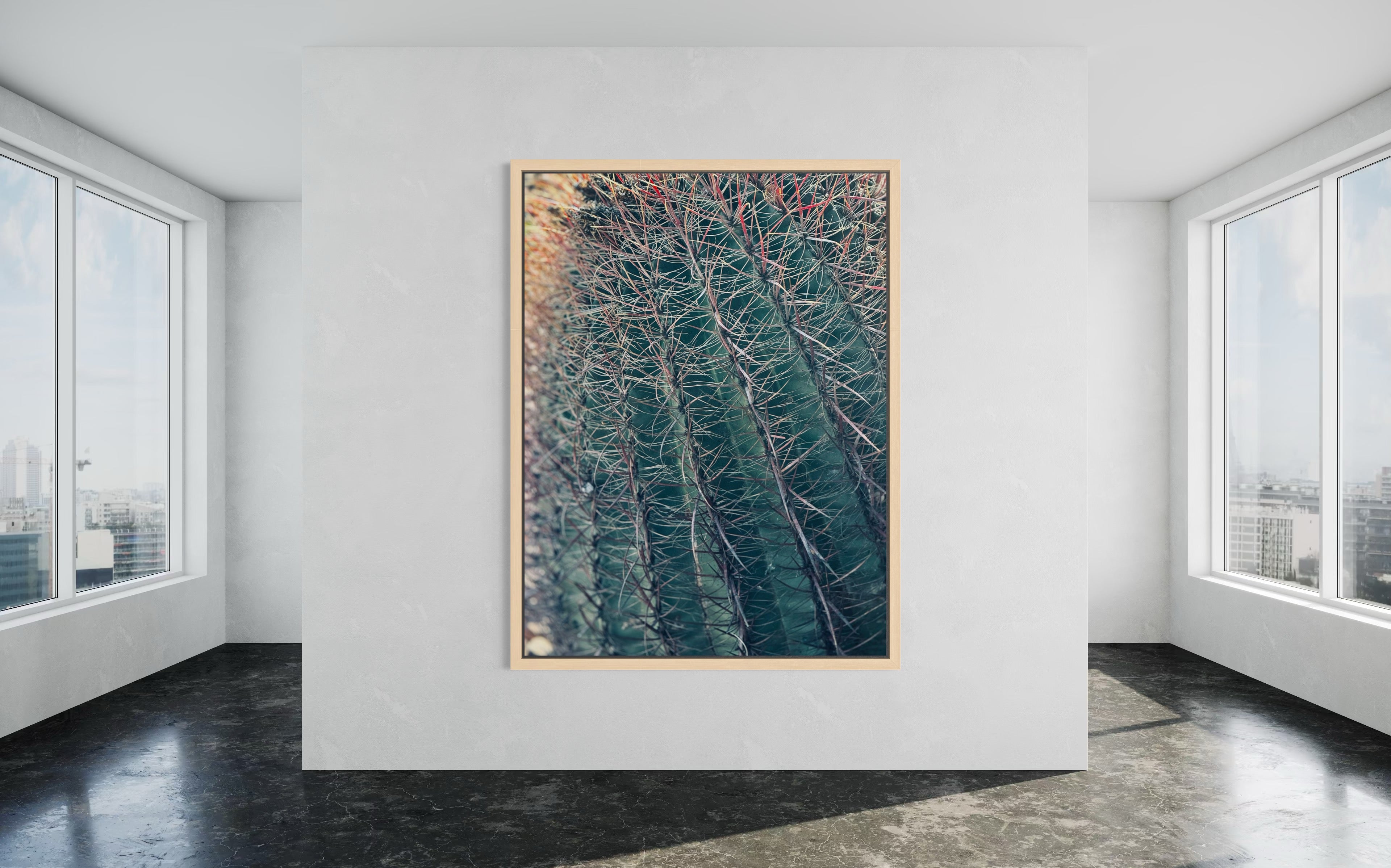 Thorns of Silence fine art print in a minimalist natural wood floating frame.