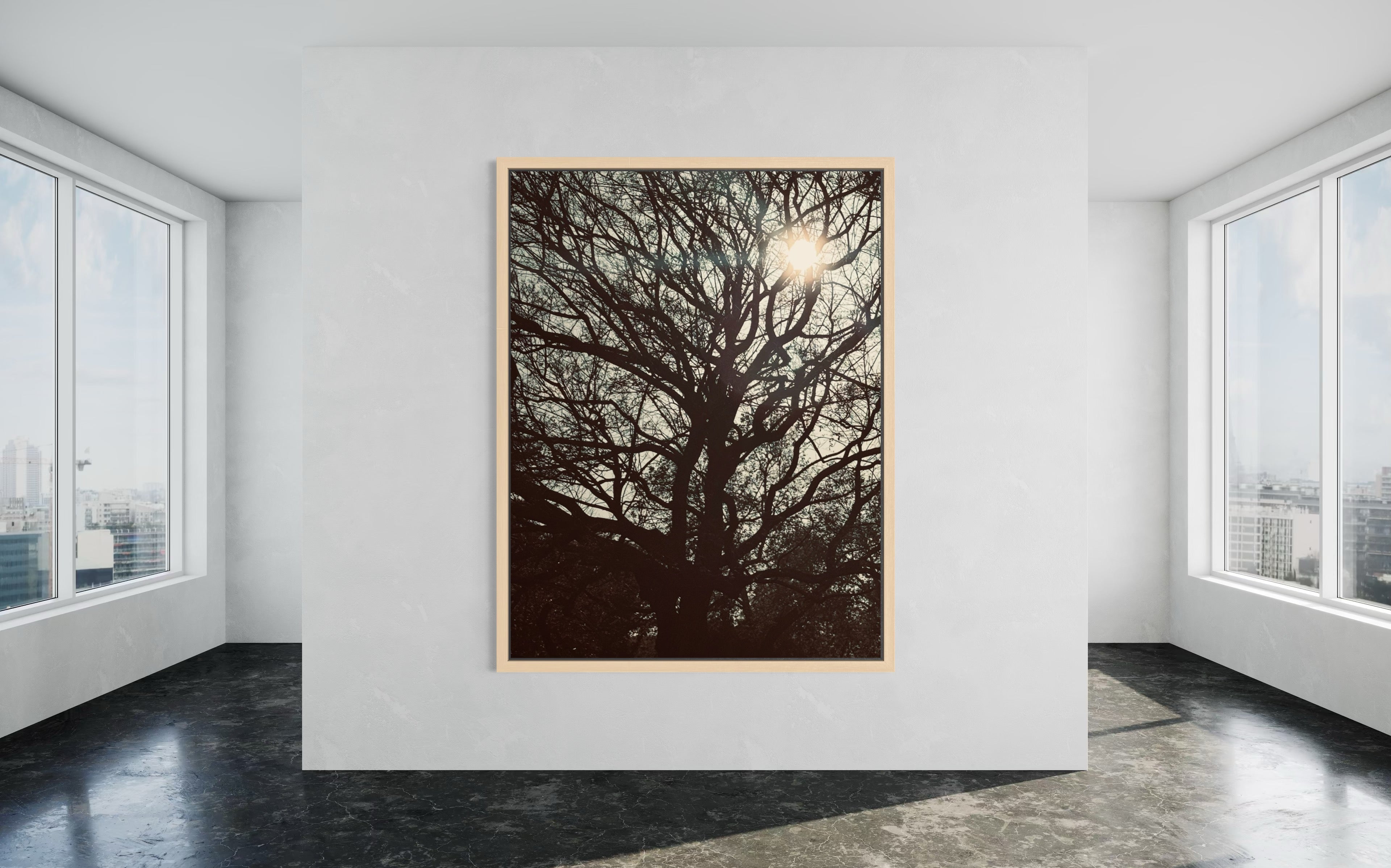 Sol Lumina paired with a natural wood floating frame — adding warmth to its organic structure and light.